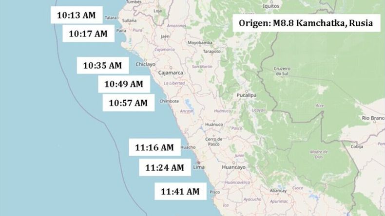 El tsunami llegará este miércoles a las costas de Chile y Perú.