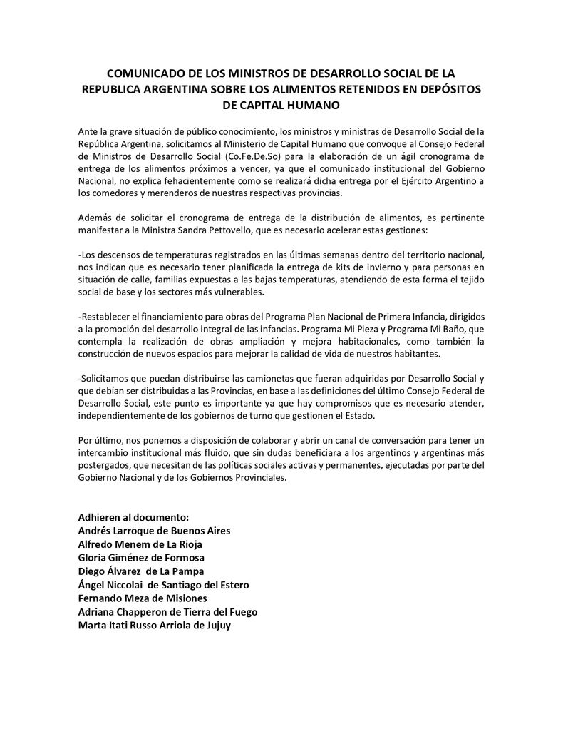 El comunicado firmado por ocho ministros de Desarrollo Social del país.
