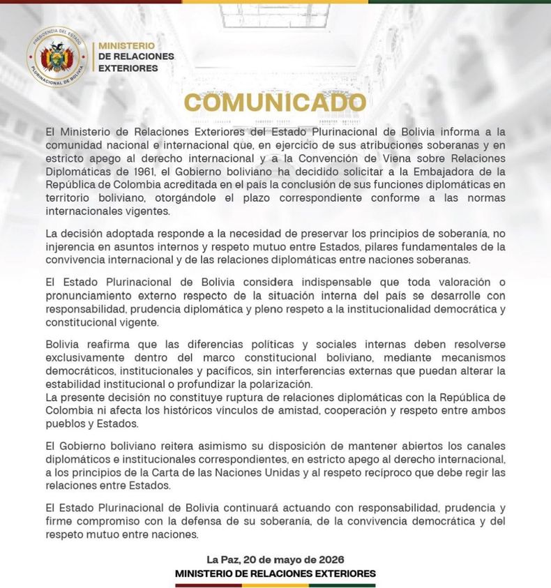El comunicado del Ministerio de Relaciones Exteriores de Bolivia.