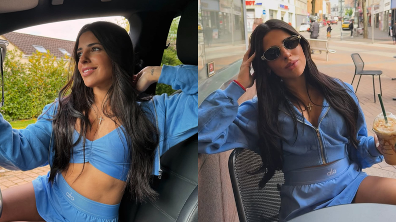 Corpiño celeste, micromini y camperita plush: el look monocromático de la influencer que marca tendencia.