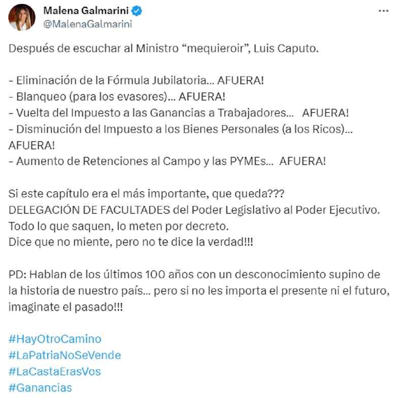 Malena Galmarini se expresó críticas al anuncio de Luis Caputo mediante la red social X (exTwitter)