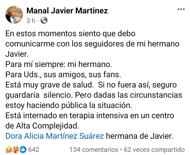 Urgente: Javier Martínez, el líder de Manal, está internado en grave estado