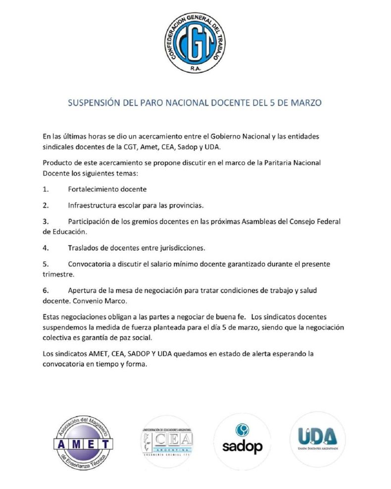 El comunicado sobre la suspensi&oacute;n del paro del 5 de marzo.