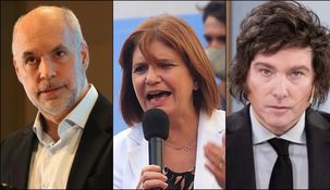Los precandidatos presidenciales Larreta, Bullrich y Mlei.