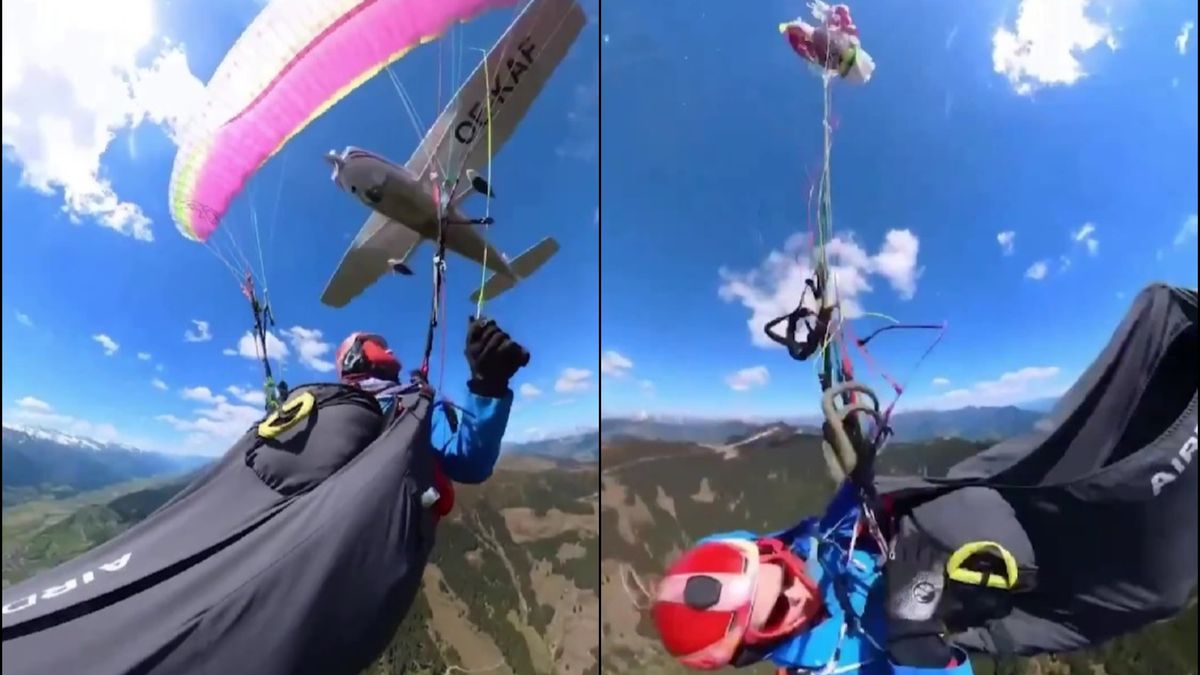 Video: la chocó una avioneta mientras volaba en parapente, pero salvó su vida de milagro
