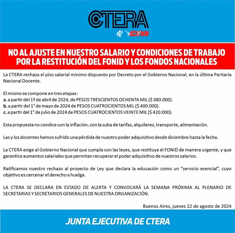 El comunicado de Ctera.