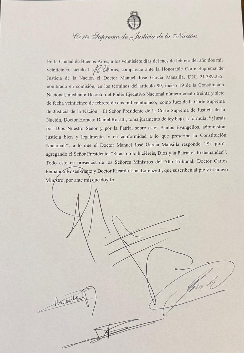 El acta de toma de juramento de Garc&iacute;a-Mansilla nombrado en comisi&oacute;n, en los t&eacute;rminos del art. 99 inc. 19 de la CN.&nbsp;