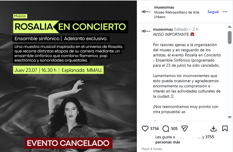 La publicación del Museo Metropolitano de Arte Urbano con la cancelación del evento homenaje a Rosalía. 