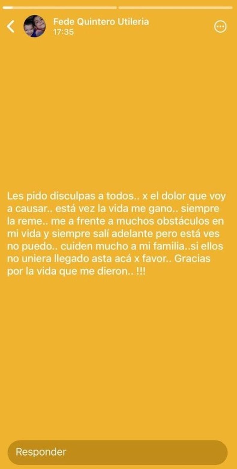 El mensaje había publicado Federico Quinteros en su estado de WhatsApp que alertan que su muerte se trató de un suicidio.