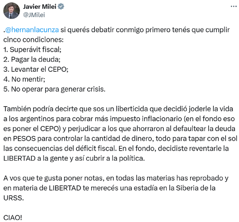 La publicaci&oacute;n de Javier Milei.