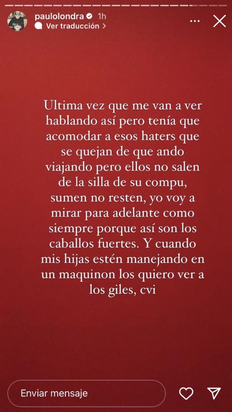 Descargo de Paulo Londra en story.