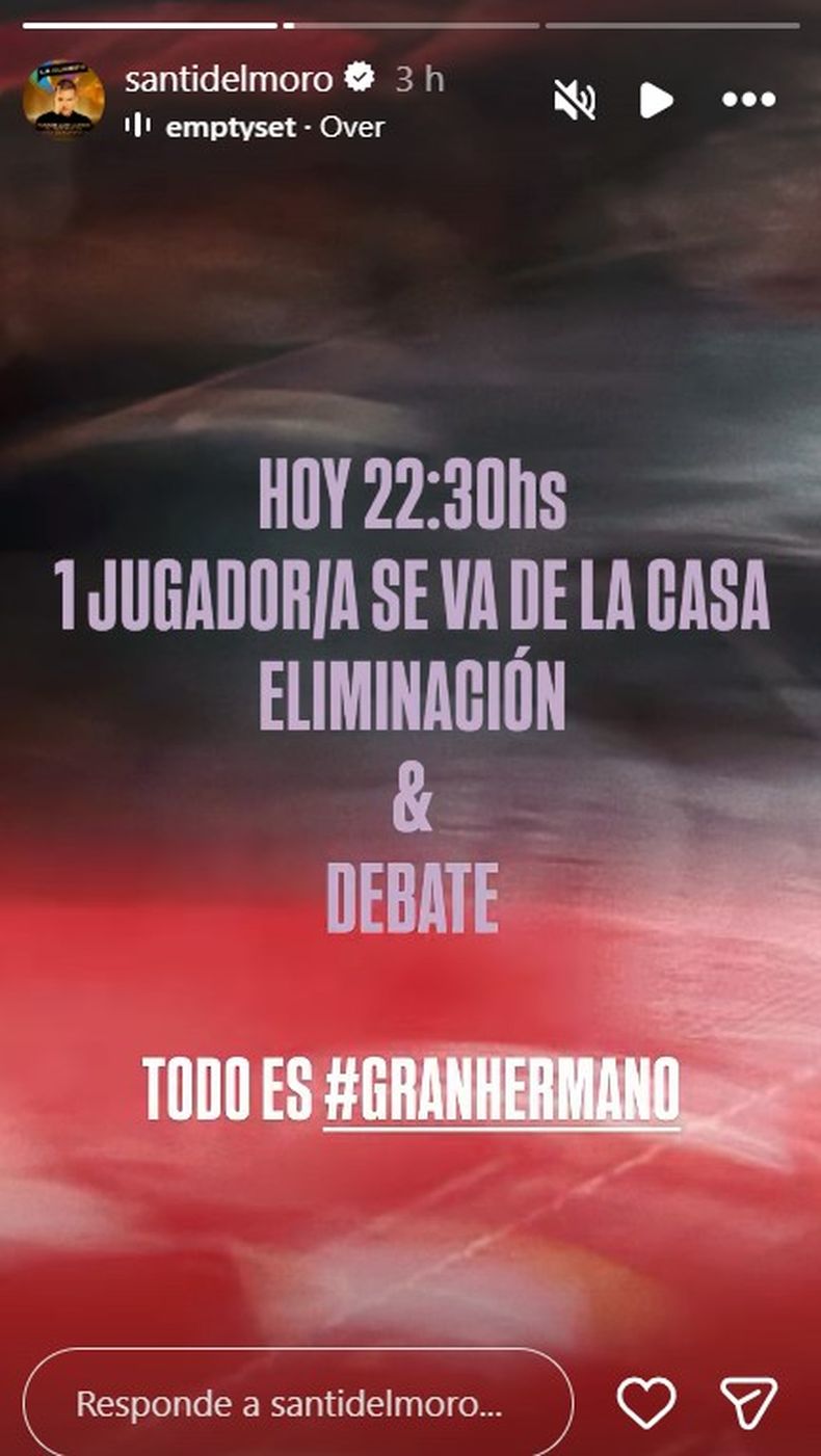 Santiago Del Moro publicó una story de Instagram y anticipó una nueva eliminación en Gran Hermano Generación Dorada. 
