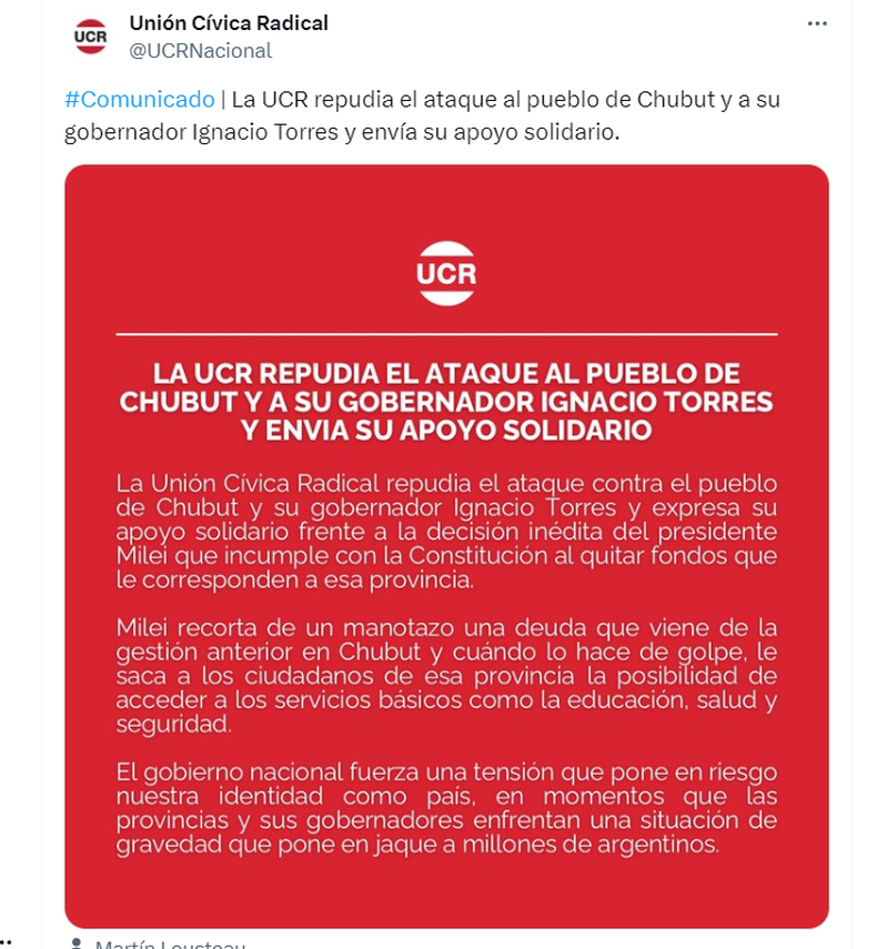 La UCR repudió el ataque de Javier Milei al gobernador Ignacio Torres: "Se incumple con la Constitución"