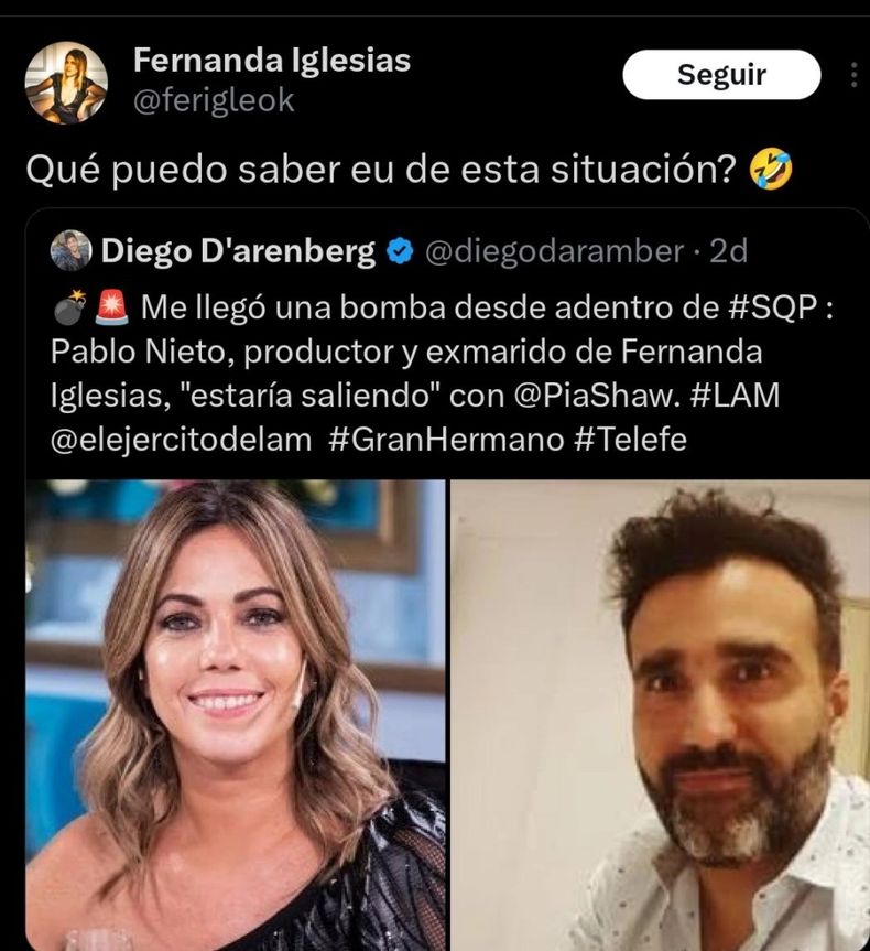 La republicación en X de Fernanda Iglesias tras el posteo de Diego D’arenberg.