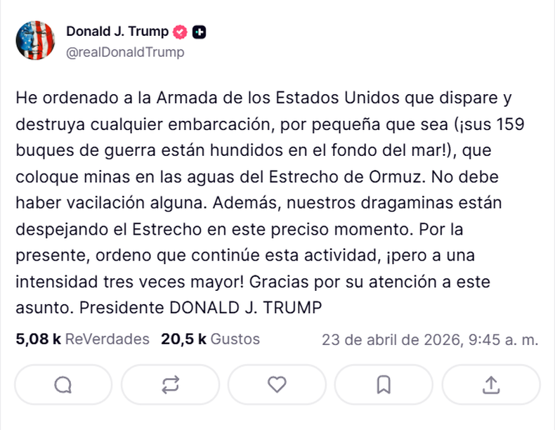 La publicación de Donald Trump en Truth Social. Traducción: Google.