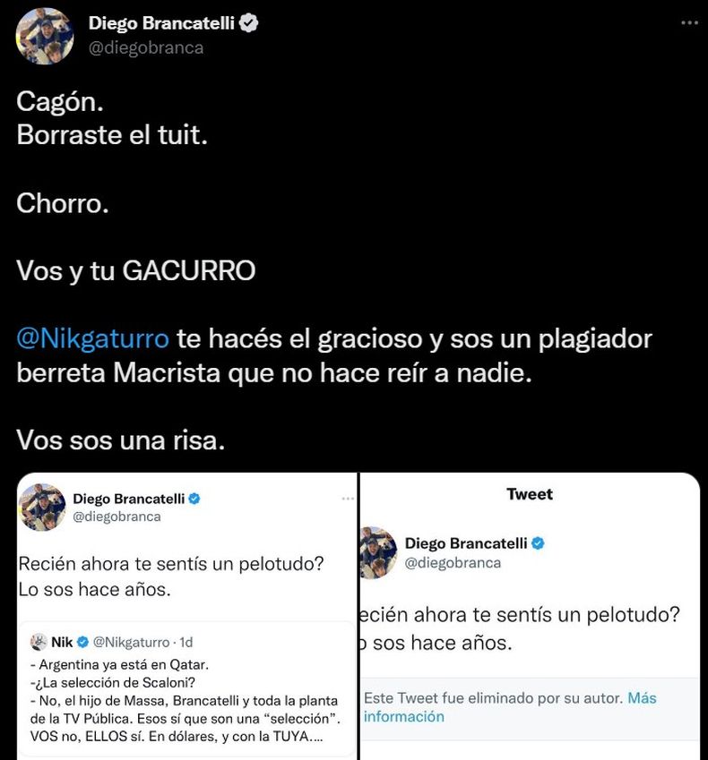El escrache de Brancatelli a Nik en Twitter.