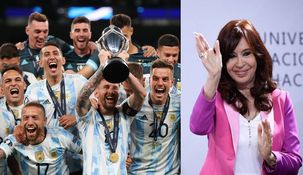 Selección Argentina campeón de la Finalissima y Cristina Kirchner. Foto Twitter Wembley Stadium y Télam.