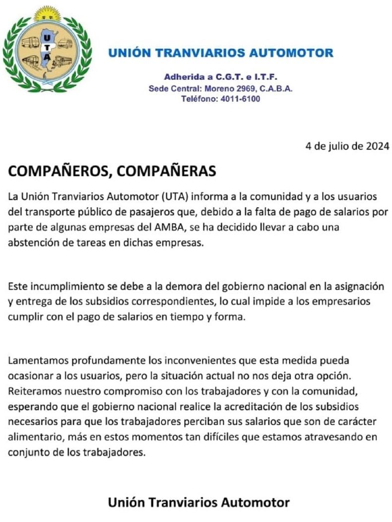 El comunicado de la UTA.