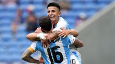 Thiago Almada celebrando el primer gol de la Argentina ante Ucrania. Thiago Almada celebrando el primer gol de la Argentina ante Ucrania.