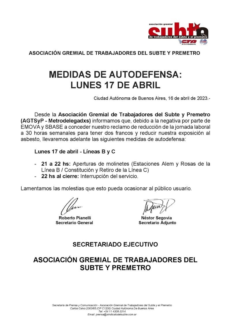 Nuevo Paro De Subte: Qué Líneas No Funcionarán Este Lunes 17 De Abril