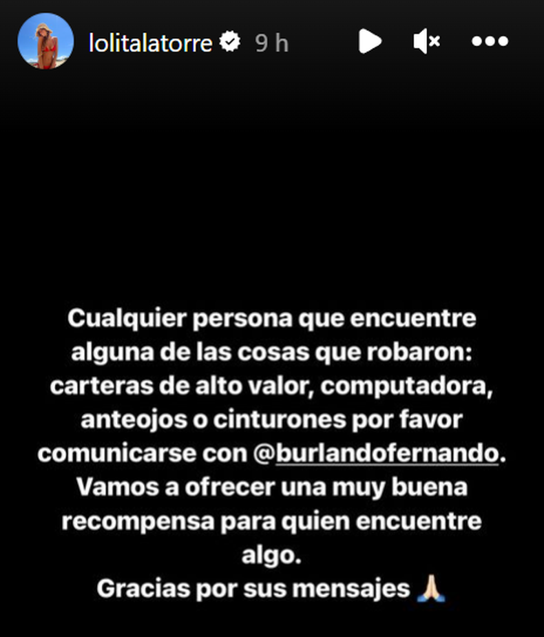 La influencer ofreció una recompensa por los objetos robados.