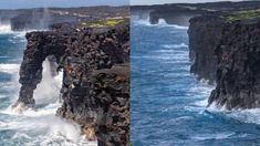 Comparación del arco marino sobre el océano con una vista de los acantilados rocosos sin el arco.