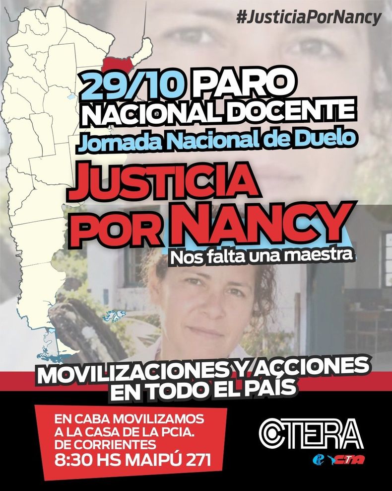 El comunicado de CTERA con la confirmación del paro nacional en pedido de justicia por el femicidio de Nanci Godoy. 