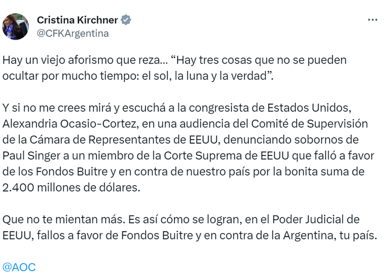"Que no te mientan más": Cristina Kirchner habló de la foto de Paul Singer con el juez de la Corte de EEUU