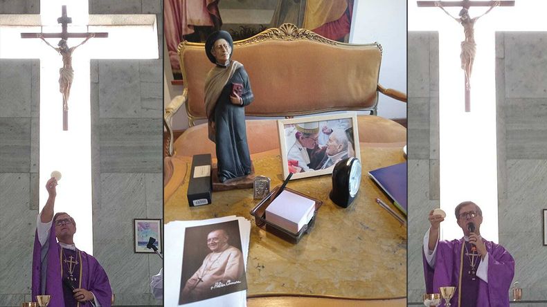 Su escritorio con San Cura Brochero, la Virgen de Pompeya y el portarretrato saludando a su confesor y cardenal fray, Luis Dri.