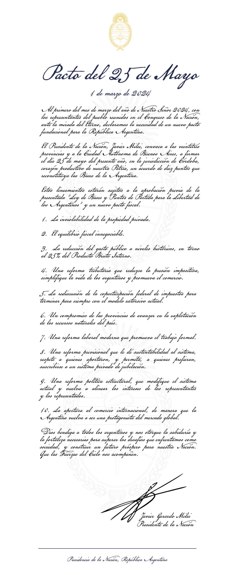 El Pacto de Mayo propuesto por Javier Milei.