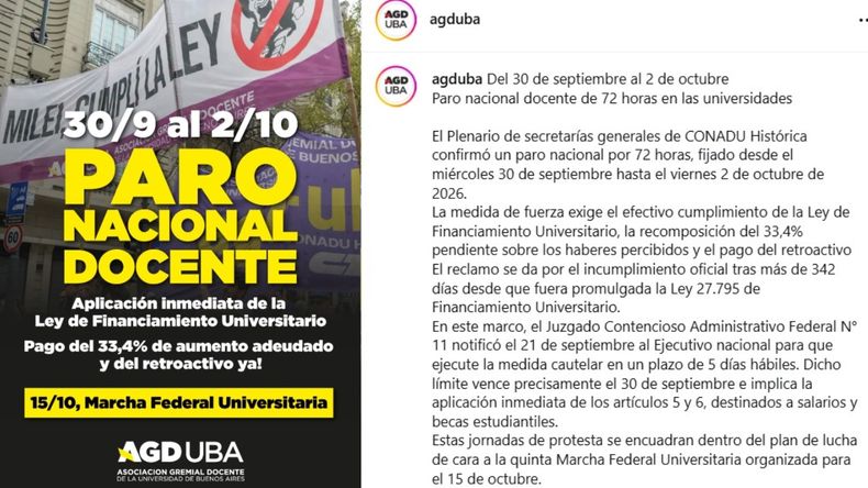 El comunidado de AGDUBA con la ratificación del paro nacional. 