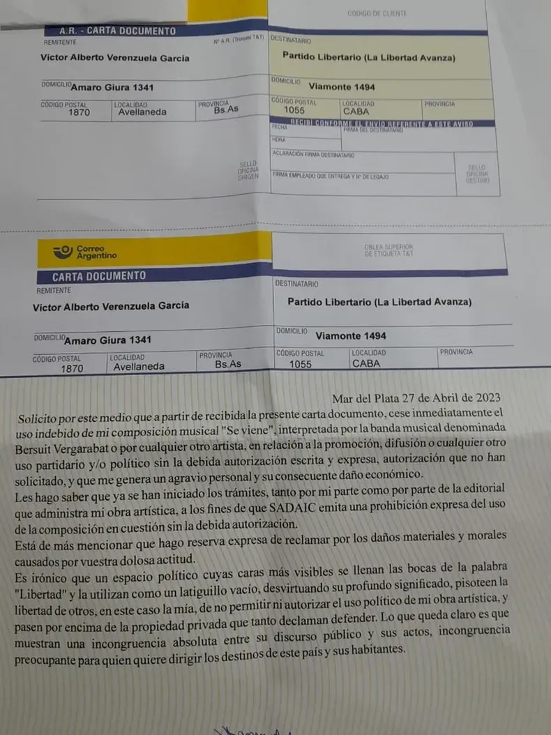 La Bersuit le envió una carta documento a Javier Milei para que no use sus canciones en la campaña