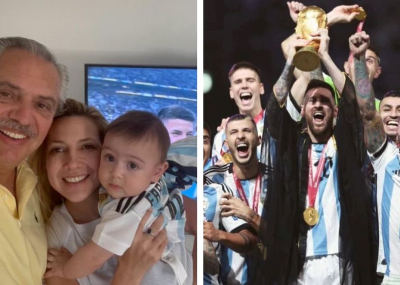 El Presidente se mostró junto a su familia y con una foto de los campeones mundiales.