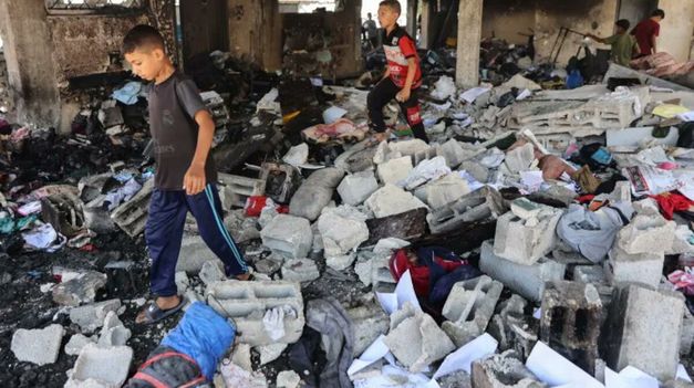 Así quedó la escuela&nbsp; Mustafa Hafez, que fue bombardeada en Gaza.