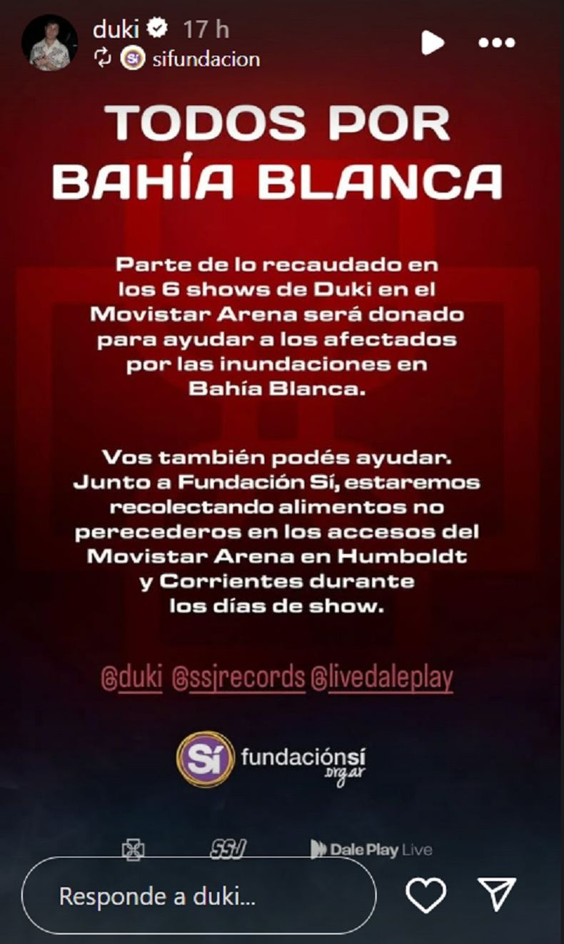Duki sorprendió con su generosidad para ayudar a Bahía Blanca.