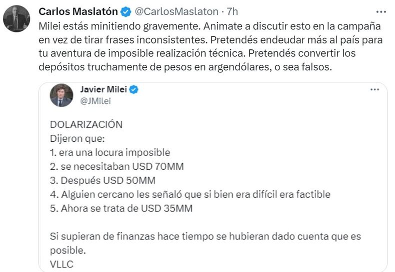 Maslatón advirtió que la dolarización que propone Milei es "el fraude financiero más grande de la historia"