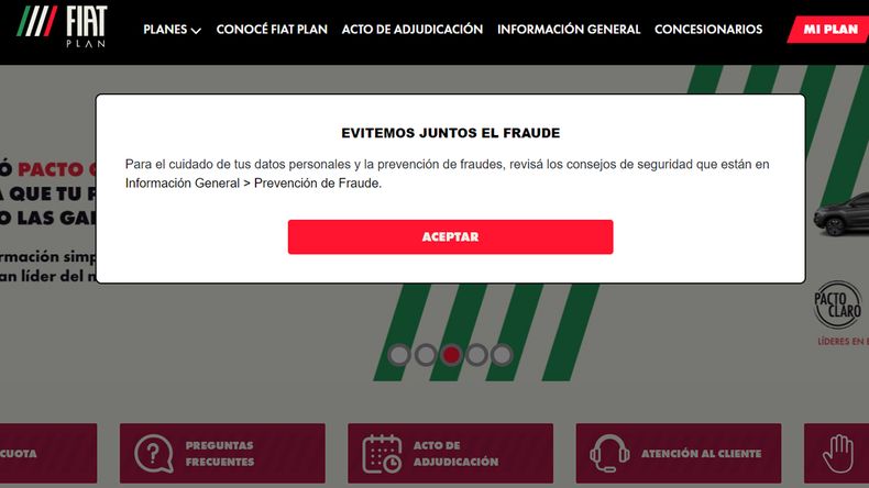 Primer mensaje que recibe el usuario al ingresar a la web de Fiat Plan.