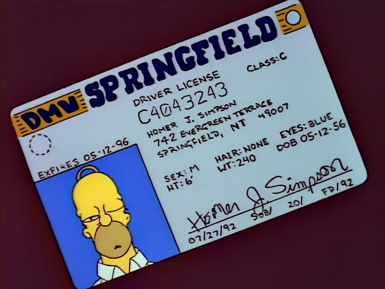 La licencia de conducir de Homero Simpson en el episodio La promesa, de la cuarta temporada.