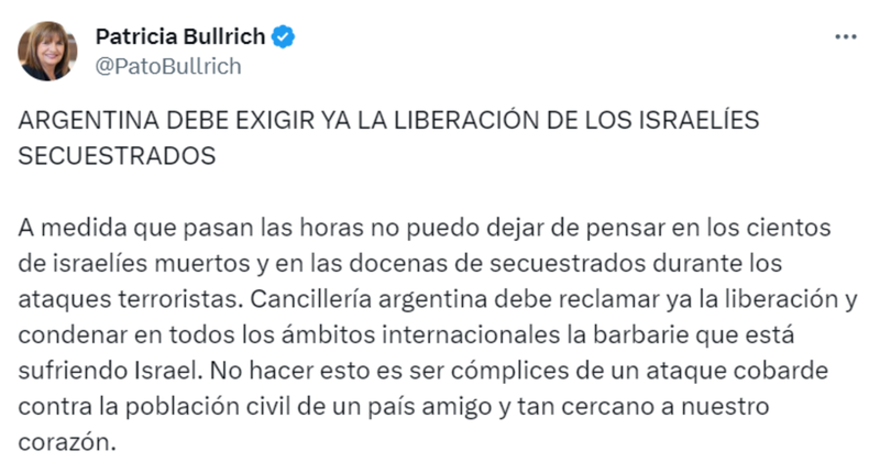 El tuit de Patricia Bullrich. El tuit de Patricia Bullrich.