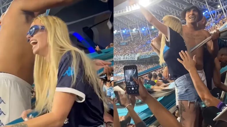 La Joaqui se puso a alentar a Racing en la popular.