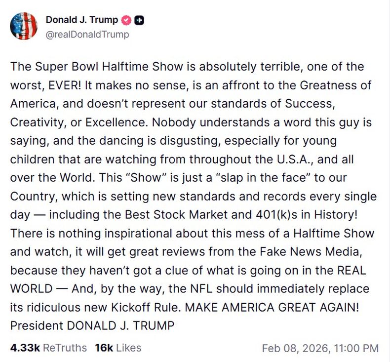 Donald Trump criticó el show de medio tiempo de Bad Bunny para el Super Bowl 2026.