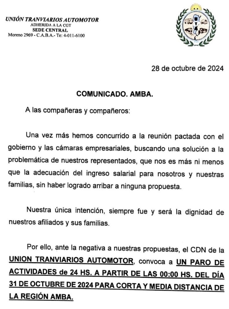 El comunicado de la UTA.