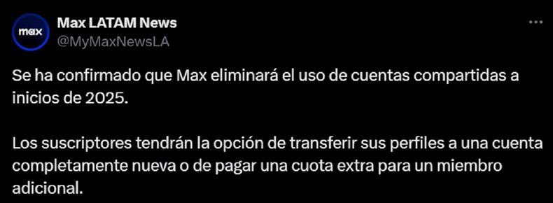 Max ya no se podrá compartir a partir del 2025.