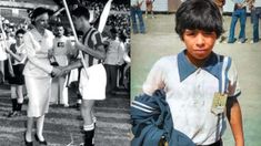 Evita en la presentación de los Juegos y Maradona en su niñez. Evita en la presentación de los Juegos y Maradona en su niñez.