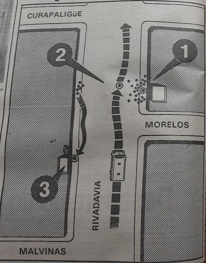 El croquis de Clarín sobre los hechos del 21 de octubre de 1988 en Caballito: 
