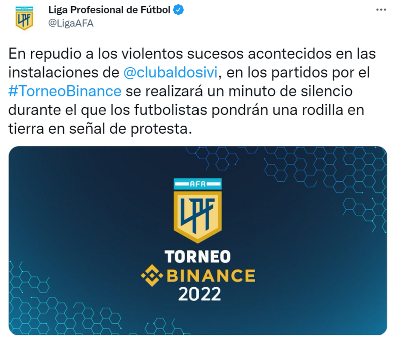 El mensaje de la Liga Profesional de Fútbol convocando al minuto de silencio.