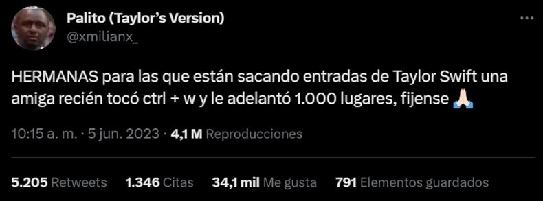 La publicación que se hizo viral de Palito sobre Taylor Swift.