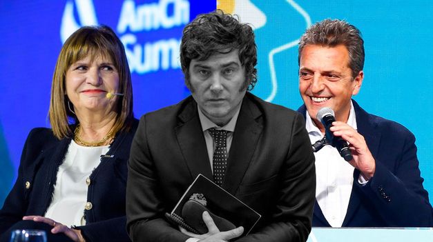 Patricia Bullrich, Javier Milei y Sergio Massa, los tres candidatos con más chance en octubre.