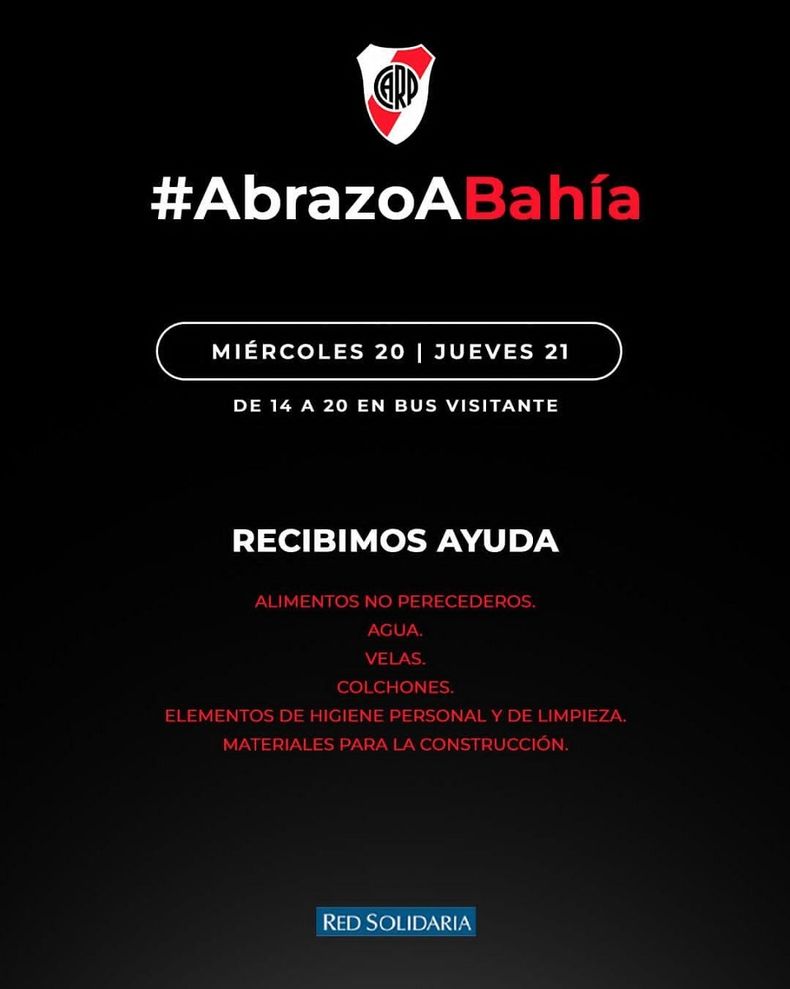 Abrazo a Bahía, la campaña de River Plate para ayudar a la ciudad bonaerense.