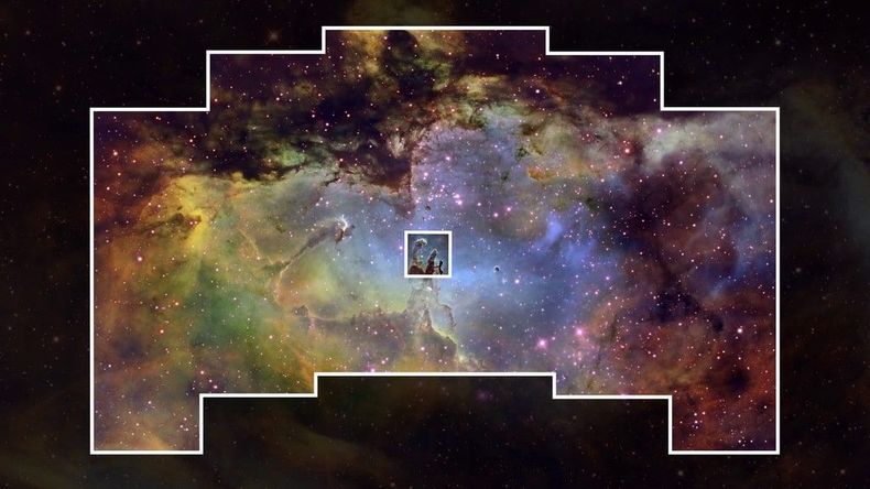 Comparación: en el centro tamaño de la mira del telescopio Hubble, alrededor (marcado con un borde blanco) mira del telescopio Roman. 